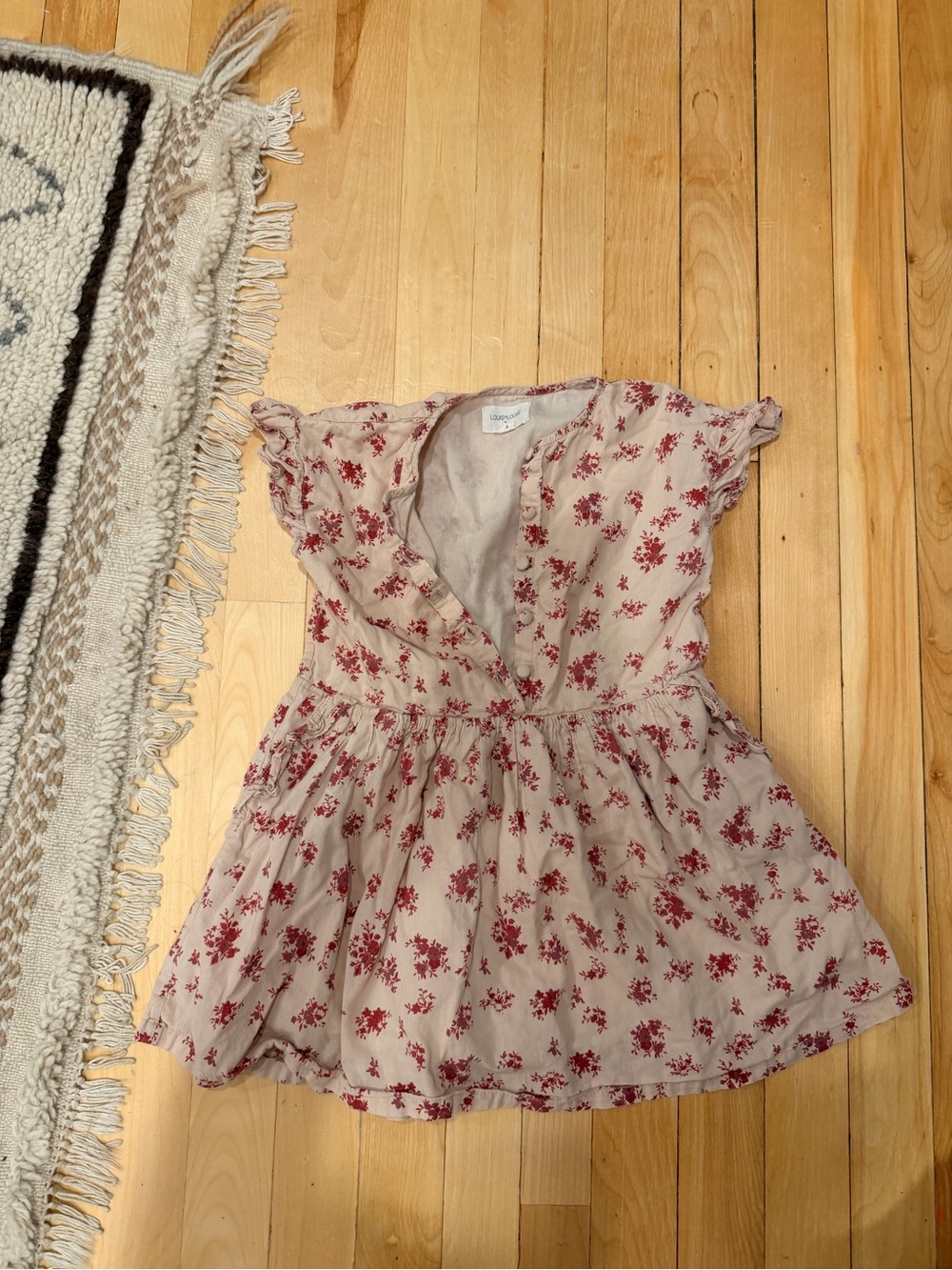 Louis Louise Girls' Floral Ruffle Sleeve Dress - Cream with Red Floral